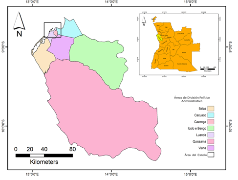 Localización del área de
estudio en la provincia de Luanda.