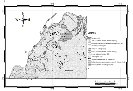 Carta litológica del área
de la ciudad de Luanda y sus alrededores.