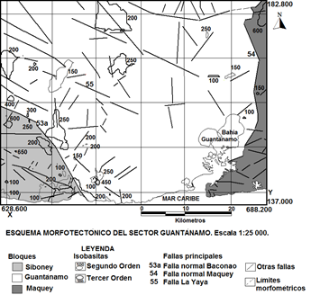 Esquema morfotectónico del sector
Verraco-Barlovento. Escala 1:25000.