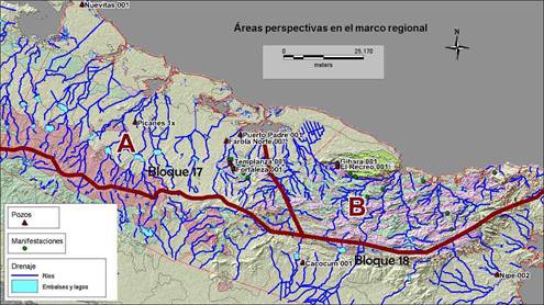 Mapa con las áreas resultantes del análisis
regional. Se diferenciaron áreas con diferentes características geológicas,
geomorfológicas y petroleras, definiéndose como la más favorable para la
ocurrencia de hidrocarburos el área A