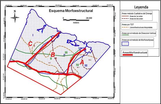 Esquema morfoestructural confeccionado
mediante la integración de los métodos geomorfológicos cualitativos y
cuantitativos. Se define el área de Maniabón-La Farola (A) como de mayor
interés petrolero
