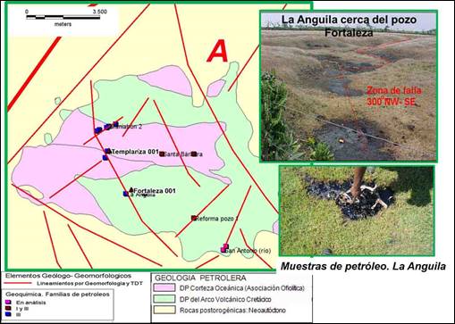 Esquema morfoestructural integrado con la
geología de superficie (izquierda), donde se evidencia la relación espacial de
los sistemas de lineamientos con las manifestaciones superficiales de petróleo.
Puntos dentro del área que demuestran la ocurrencia de abundantes emanaciones
activas (derecha abajo). Nótese la relación de la zona de falla con las
manifestaciones de petróleo (derecha arriba).