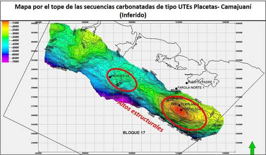 Mapa por el tope de las secuencias
carbonatadas Camajuaní-Placetas donde se evidencian los altos estructurales.
Nótese la localizacion de los pozos petroleros Templanza y Fortaleza sobre la
estrutura Maniabón. Al oeste se localiza el pozo Picanes 1x cercano a otra
estructura con mayor profundidad