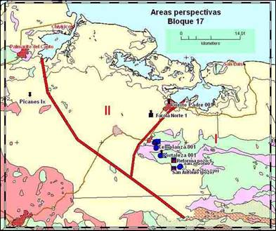 Áreas perspectivas determinadas mediante la
evaluación geólogo-geomorfológica. Área de Maniabón-La Farola (I) y área al
norte del pozo Picanes 1x (II)