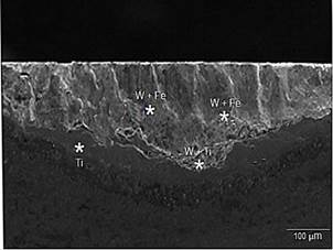 Microanalysis of flank wear. Condition
2. VC=447,5 m/mim, θ=75º. VBB≈0,216
mm.