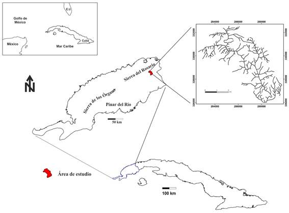 Ubicación
geográfica del área de estudio. La imagen en la parte
superior derecha representa la red de drenaje de la cuenca del río San
Cristóbal.