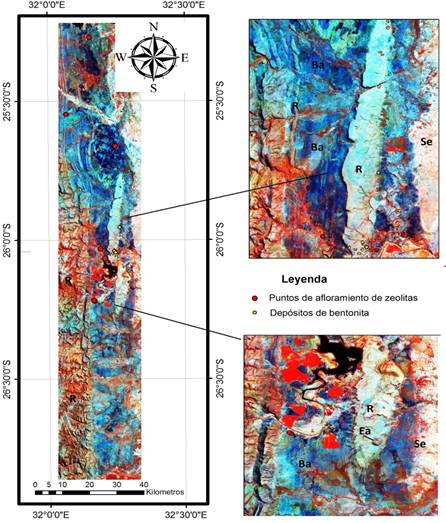 Composición de colores CC5_6_7
donde se diferencian basaltos (Ba), riolitas (R), rocas sedimentarias (Se) y
estructuras anulares (Ea). 