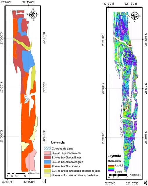 Mapa de suelos (a) y mapa de la razón B4/B2
(b). 