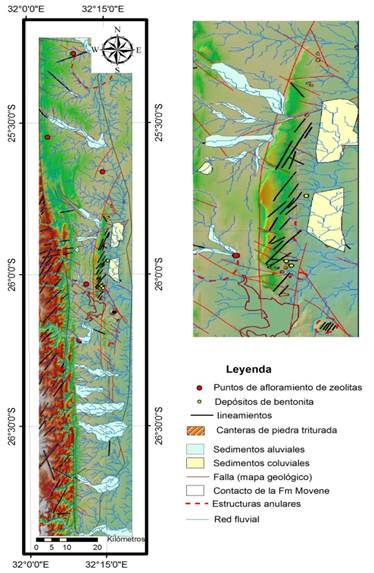 Esquema geológico sobre el modelo de relieve
sombreado, que indica los elementos interpretados en las composiciones de falso
color y el MDE (sector ampliado a la derecha).