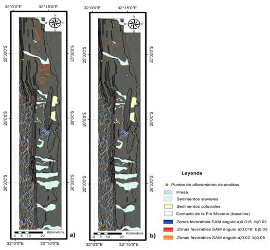 Áreas potenciales para la ocurrencia de
zeolitas, a través de la aplicación del SAM, a) usando espectros de referencia
(librería espectral) b) usando áreas de entrenamiento (ROI). El mapa base es un
modelo de relieve sombreado. Angulo espectral en radianes.