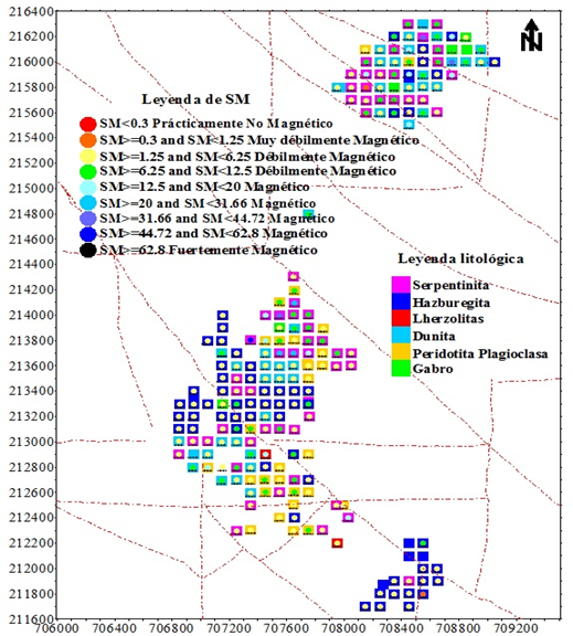 Relación espacial de los valores de la SM con
la litología de la roca del basamento.