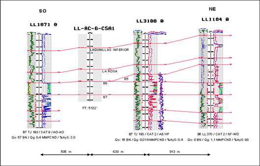 Sección estratigráfica (B-B’) en dirección
SO–NE, al tope del miembro B6, localización LL-AC-6-C5A1.