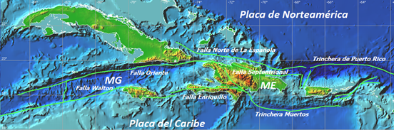 Contexto geodinmico donde se encuentra el archipilago cubano. MG - Microplaca de Gonave, ME - Microplaca de La Espaola (Mapa tomado y modificado de Tsunami Laboratory 2011)