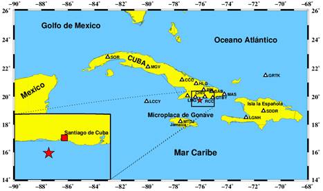 Estaciones sismolgicas (tringulos) utilizadas para el registro y anlisis de los terremotos. La estrella roja simboliza el epicentro del sismo de mayor energa y el cuadrado rojo la localizacin del centro de la ciudad de Santiago de Cuba.