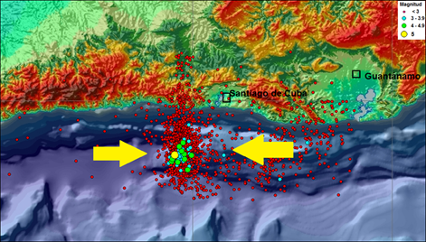 Mapa de epicentros de terremotos registrados durante el 2016 en la regin oriental de Cuba. Las fechas amarillas indican la distribucin del par de fuerzas segn los tensores del momento ssmico calculado.