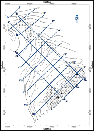 Ubicaci�n de las l�neas de secciones en el mapa topogr�fico del yacimiento San Felipe para el mapeo estructural. L�neas de secciones transversales desde I-I' hasta X-X' y secciones longitudinales desde XI-XI' hasta' XIII-XIII'. Se construy� una red regular de 1 km entre perfiles y 200 m entre pozos.