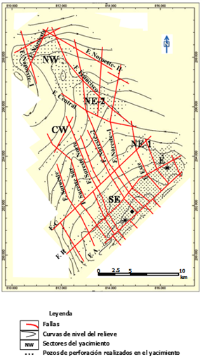 Interpretaci�n estructural 2D del sistema de fallas y fracturas San Felipe determinado por la presente investigaci�n.