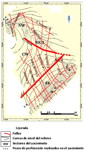 Interpretaci�n estructural 2D de la falla Central y la falla C (se�aladas con l�nea gruesa).