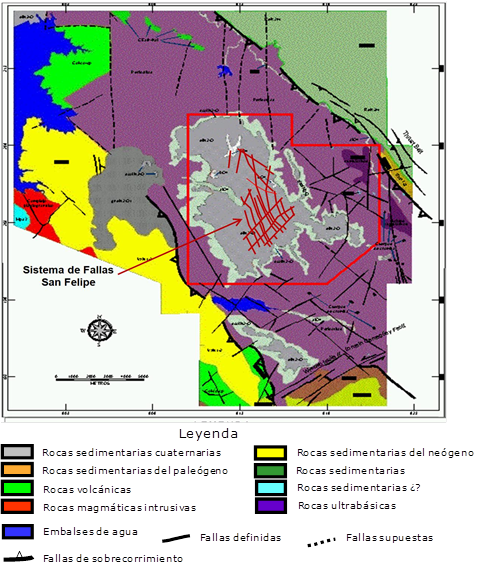 Mapa tect�nico-estructural a escala 1: 500 000 (Pushcharovski et al. 1989) donde se muestra, mediante l�neas rojas continuas el sistema de fallas propuesto por la investigaci�n.