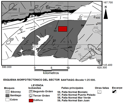 Mapa morfotect�nico del sector Santiago de Cuba a escala 1:25 000.