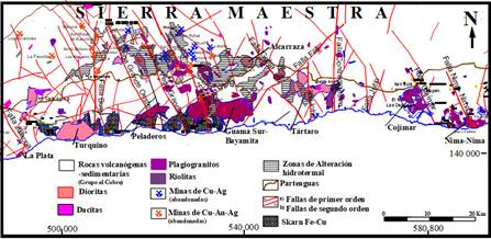 Esquema geol�gico con los intrusivos gran�ticos, las fallas principales que los atraviesan y las manifestaciones asociadas.