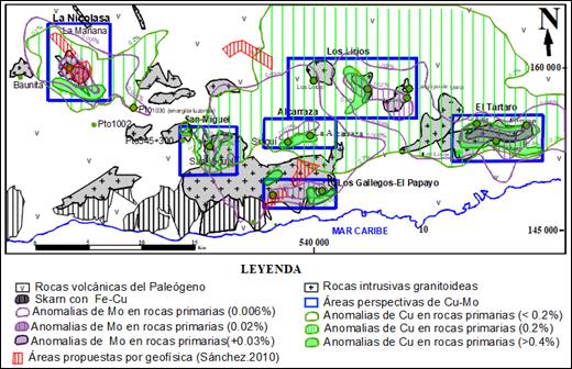 �reas perspectivas para Cu&ndash;Mo porf�rico a partir de la interpretaci�n de trabajos geoqu�micos y geof�sicos realizados en la Sierra Maestra.