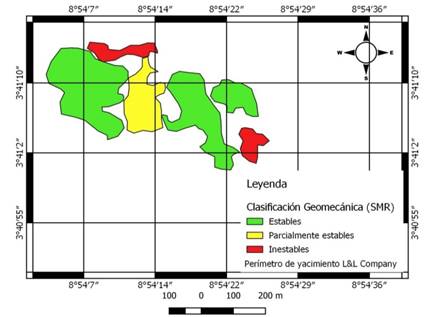 Representacin de la calidad del macizo rocoso en la cantera de Baney segn la clasificacin geomecnica del ndice SMR de Romana (1994).
