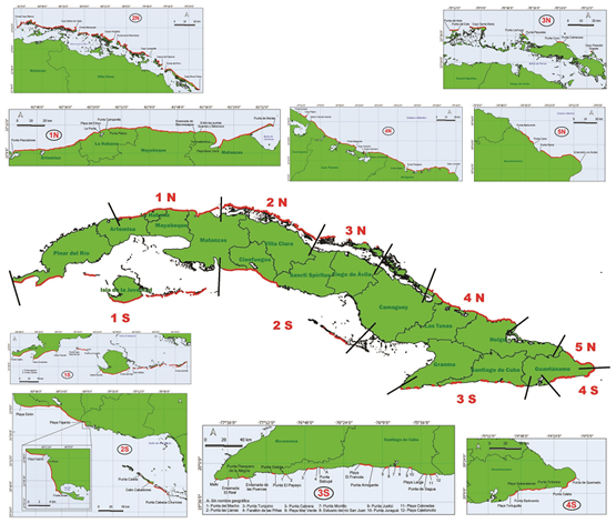 Distribucin espacial (por sectores y subsectores costeros) de los huracanolitos en Cuba.