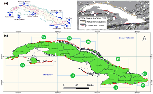 Distribucin espacial de boulders en Cuba: (a) Tramos costeros donde son ms comunes los huracanolitos (Magaz y Portela 2017); (b) Mapa esquemtico de las costas rocosas con huracanolitos, indicando el volumen mximo promedio (adaptado de Iturralde-Vinent 2017); (c) Nueva distribucin espacial para Cuba (presente estudio).