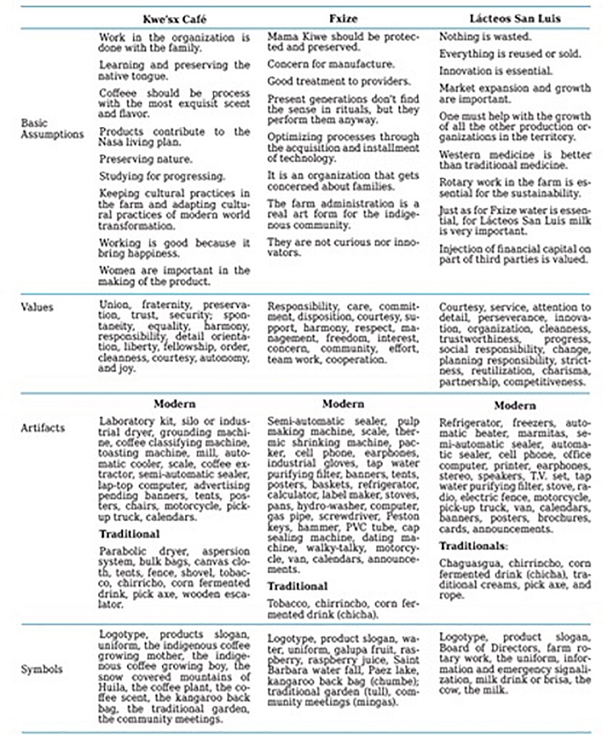 Description of cultural elements by each one of the indigenous productive organizations