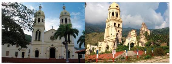 Municipal head- Gramalote&rsquo;s central park. Before and after the disaster . Source: Gramalote&rsquo;s townhall (2017). 