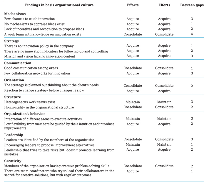 Gaps between basis organization culture and target organizational culture, efforts