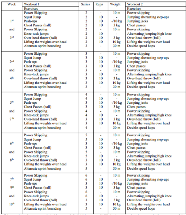 Dry-land strength and conditioning 10-week training routine performed by the experimental group.