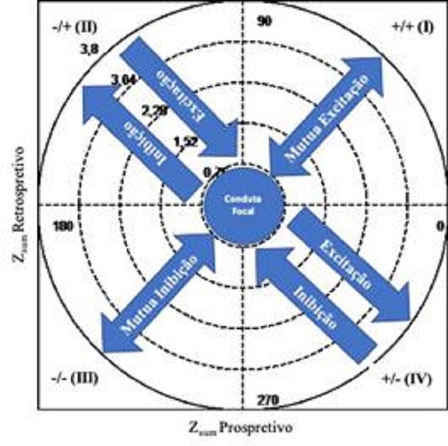 Representação gráfica das relações de excitação e inibição entre a conduta focal e as condutas condicionais, tendo em conta os quadrantes que os vetores estão localizados