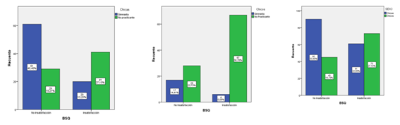 Distribucin del BSQ segn nivel de prctica y sexo, Frecuencia (porcentaje).