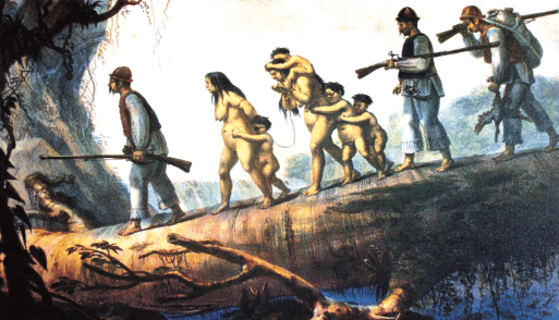 Soldados mesti&ccedil;os escoltam prisioneiros ind&iacute;genas