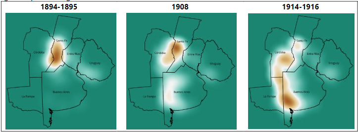 Concentraci�n de las hect�reas sembradas de trigo en la regi�n rioplatense durante la gran expansi�n agraria