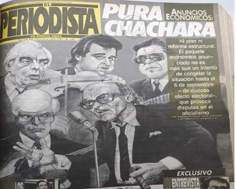 caricatura del equipo Econ�mico de Alfons�n con el entonces ministro de Obras y Servicios P�blicos