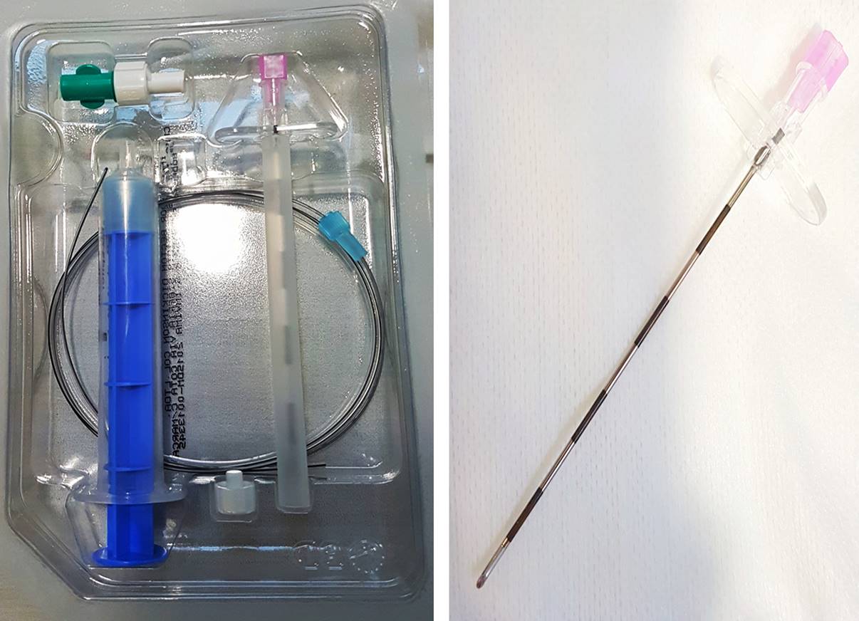 Equipo del cat&eacute;ter peridural (izq.) y aguja de Tuohy (der.)