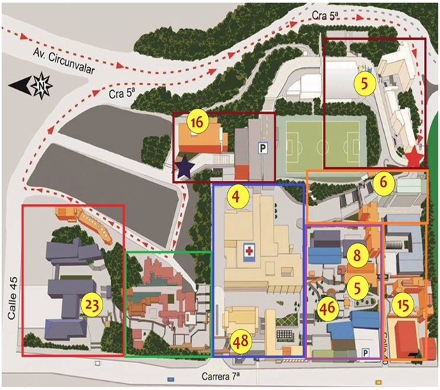 Secciones y n&uacute;mero de encuestados por los focos de fumadores de
la Pontificia Universidad Javeriana durante los cinco d&iacute;as de recolecci&oacute;n de datos