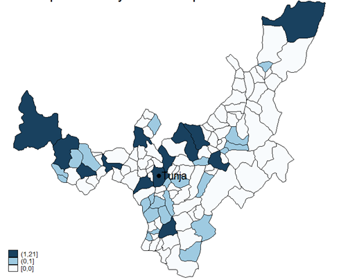 Municipios de Boyacá donde
se reportaron casos de tuberculosis para (la intensidad del color es por el número
de casos reportados en el municipio)