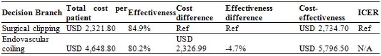 Treatment cost per patient, total treatment effectiveness rate, cost difference (compared to surgical clipping), cost and effectiveness differences (compared to surgical clipping) and total cost-effectiveness (the total cost entailed to be able to treat a patient without complications or retreatment)