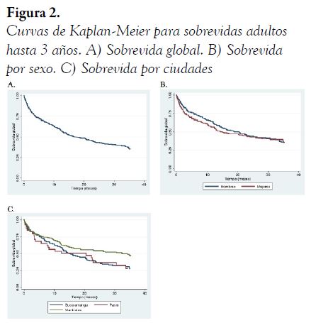 Curvas de Kaplan-Meier para sobrevidas adultos hasta 3 a&ntilde;os. A) Sobrevida global. B) Sobrevida por sexo. C) Sobrevida por ciudades