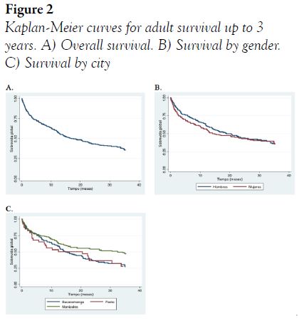 Kaplan-Meier curves for adult survival up to 3 years. A) Overall survival. B) Survival by gender. C) Survival by city