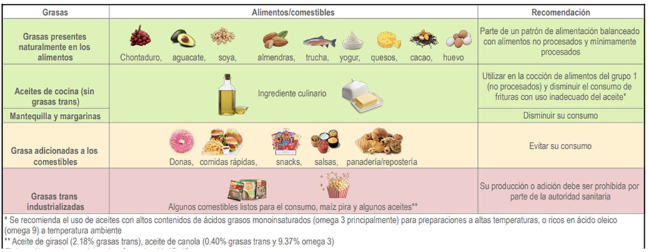 Recomendaciones sobre el consumo de alimentos con grasas naturalmente presentes vs. industrializados/adicionados y uso de aceites como ingredientes culinarios