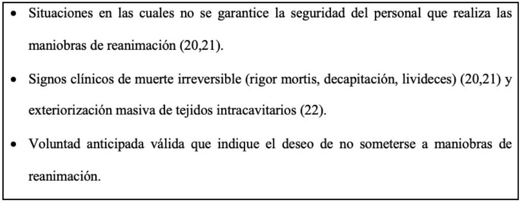 Criterios inequ&iacute;vocos para no iniciar RCP (20,21)