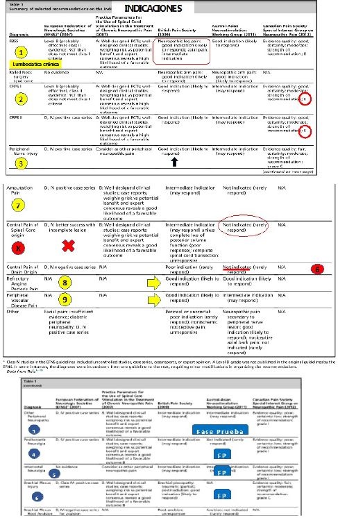 Figura tomada de los artículos más relevantes relacionados con el tema y modificada por el autor de este trabajo JCA. Se ilustran el análisis de los resultados de acuerdo con las diferentes patologías. En amarillo, las indicaciones absolutas para la realización del procedimiento. En azul, las indicaciones relativas para la realización del procedimiento. En rojo, las indicaciones no recomendadas para el procedimiento.