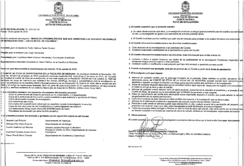 COMIT&Eacute; DE &Eacute;TICA, FACULTAD DE MEDICINA. ACTA DE EVALUACI&Oacute;N