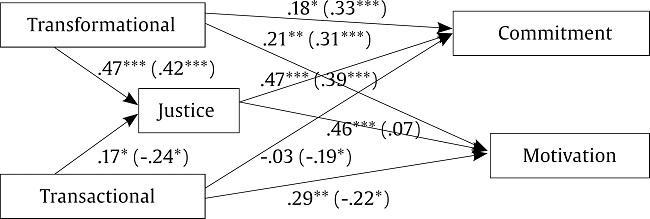 Path Diagram for Young-to-Adults Group (n = 183), and Adults-to-Seniors Group (n = 77; in parenthesis)