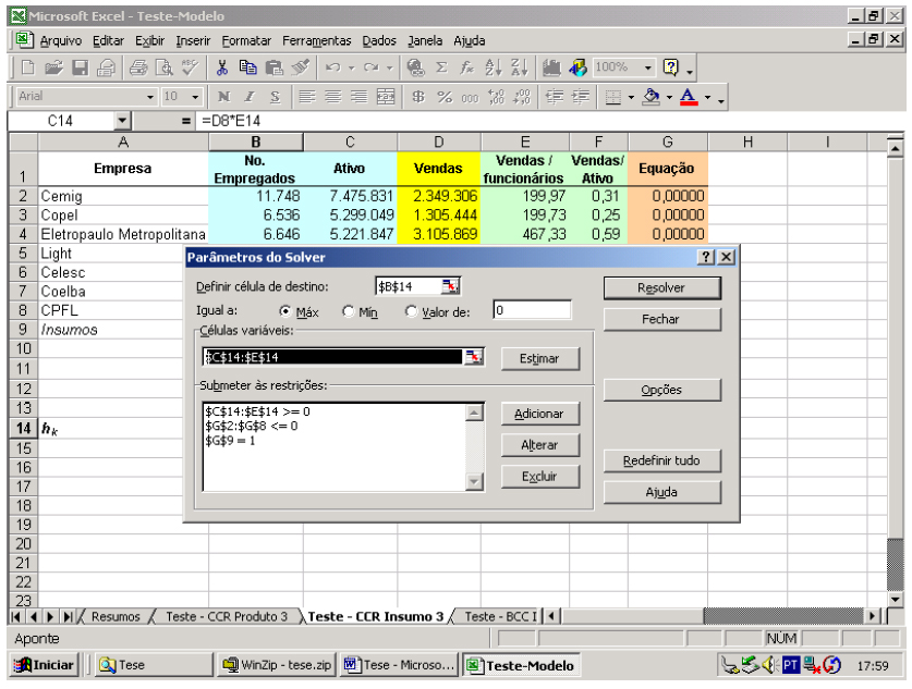 Parâmetros do Solver® para Modelo DEA